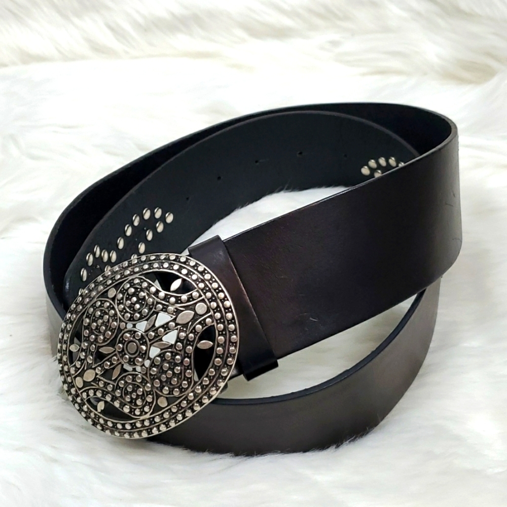Albatros leather black silver buckle women belt size S/M